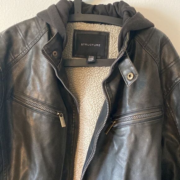 NWT Mens Pleather Moto Bomber Sherpa Lined Dark Brown Jacket - Picture 6 of 11